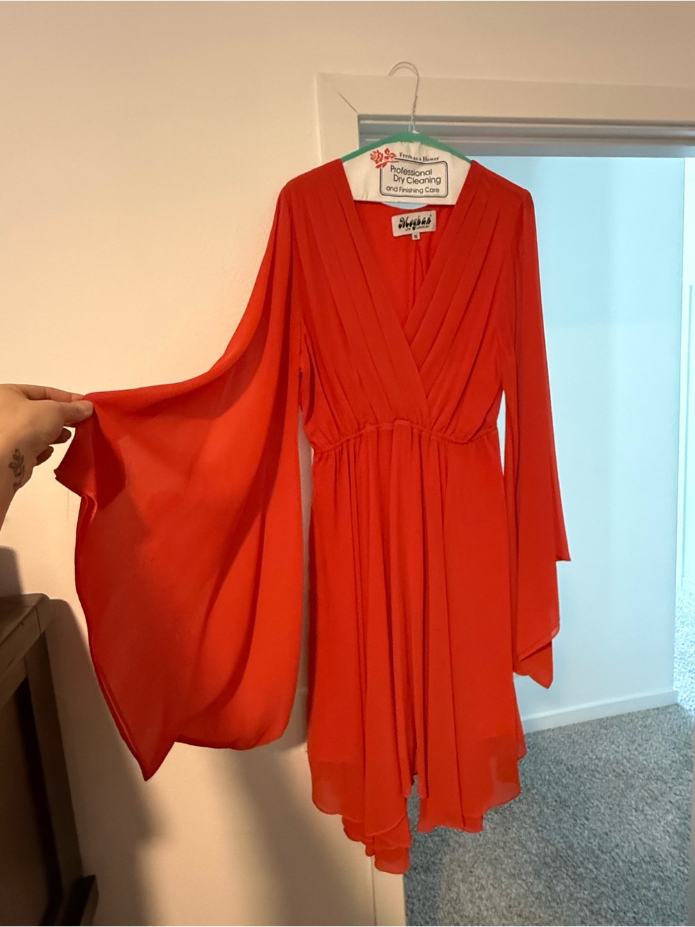 Meghan LA orange flame Midi Wrap Dress with Dramatic Sleeves